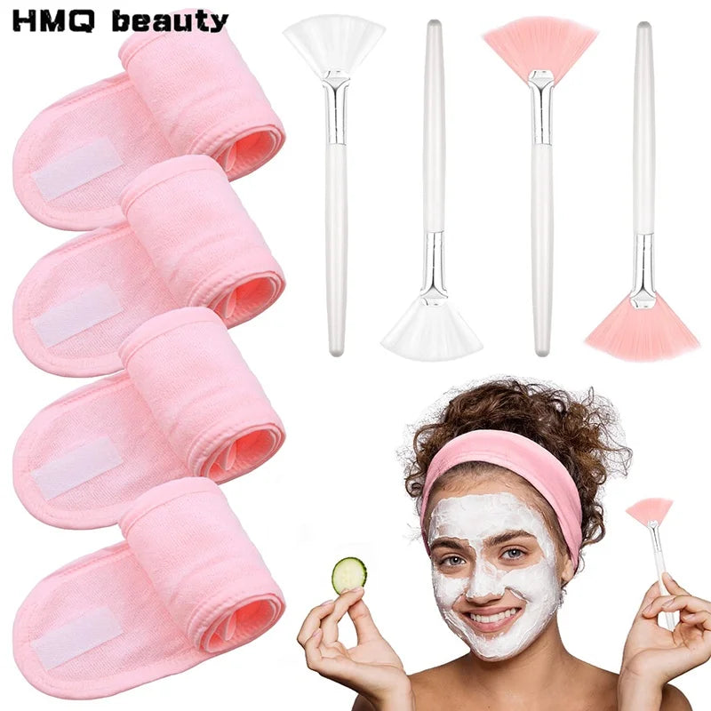 8pcs/set  Facial Brushes Fan Makeup Brushes Soft Portable Mask Brushe Spa Headband