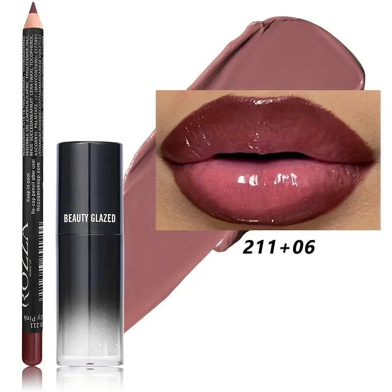 2pcs/Set Smooth Lip Liner+Lip Oil Set Lip Combo Waterproof Lip Liner  Makeup