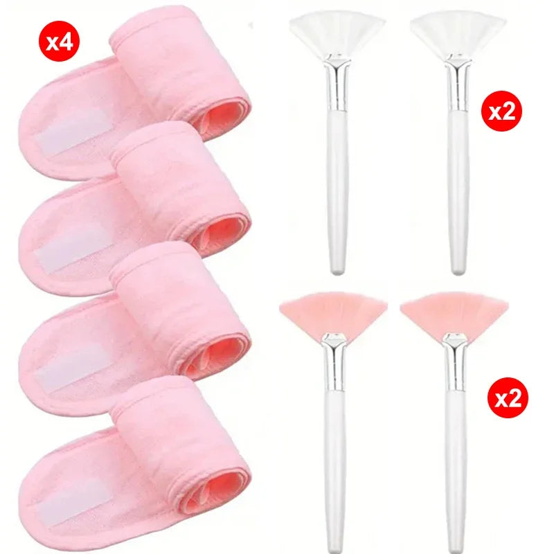 8pcs/set  Facial Brushes Fan Makeup Brushes Soft Portable Mask Brushe Spa Headband